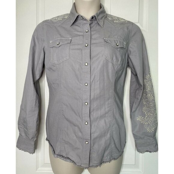 Noble Outfitters Large Western Snap Button Up Rodeo Shirt Equestrian Raw Hem - Picture 2 of 9